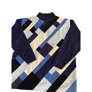 Koman Sweater Mens XL Blue Colorblock Faux Suede Patchwork Vintage‎ Cosby Biggie